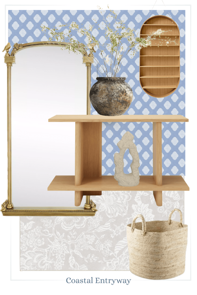 Coastal cottage entryway mood board with blue trellis wallpaper, beige floral rug, light wood console, oval shelf, antique bird mirror, textured vase, coral sculpture, and woven basket.