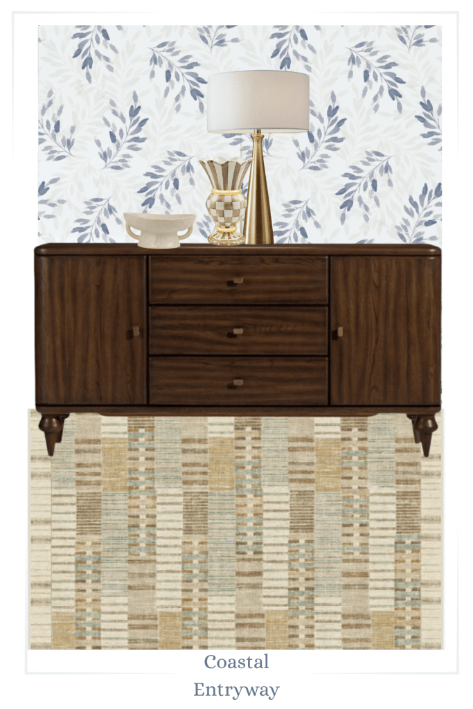 Coastal entryway mood board with blue watercolor leaf wallpaper, a dark wood console, neutral geometric rug, brass lamp, pedestal bowl, and checkered vase.