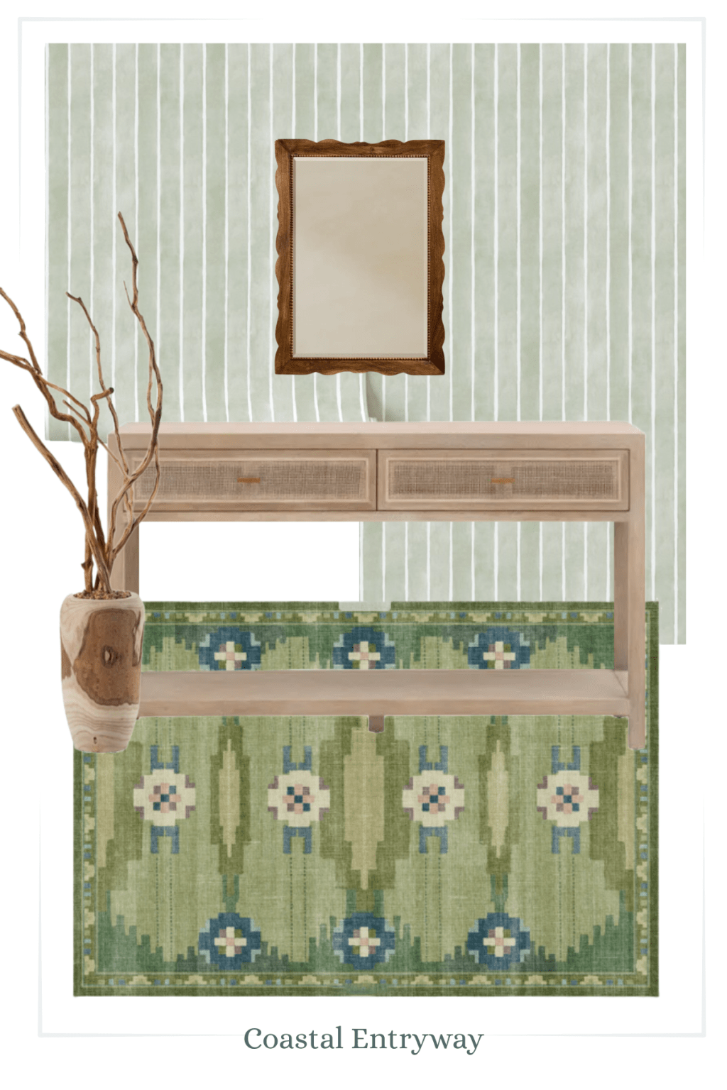 Green coastal entryway mood board with striped green wallpaper, a woven console table, geometric green rug, wood branch vase, and rustic wood mirror.
