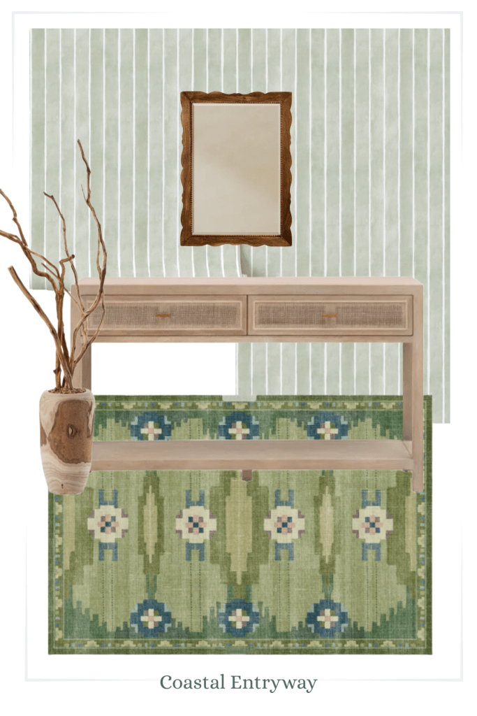 Green coastal entryway mood board with striped green wallpaper, a woven console table, geometric green rug, wood branch vase, and rustic wood mirror.