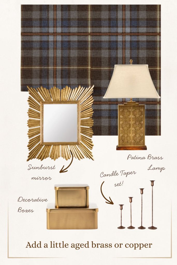 Aged brass and copper decor pieces — sunburst mirror, brass lamp, decorative boxes, candle tapers — styled with rust and blue plaid wallpaper