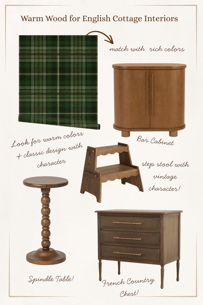 Warm wood furniture pairings for English cottage style: bar cabinet, step stool, spindle table, and French Country chest, shown alongside green plaid wallpaper