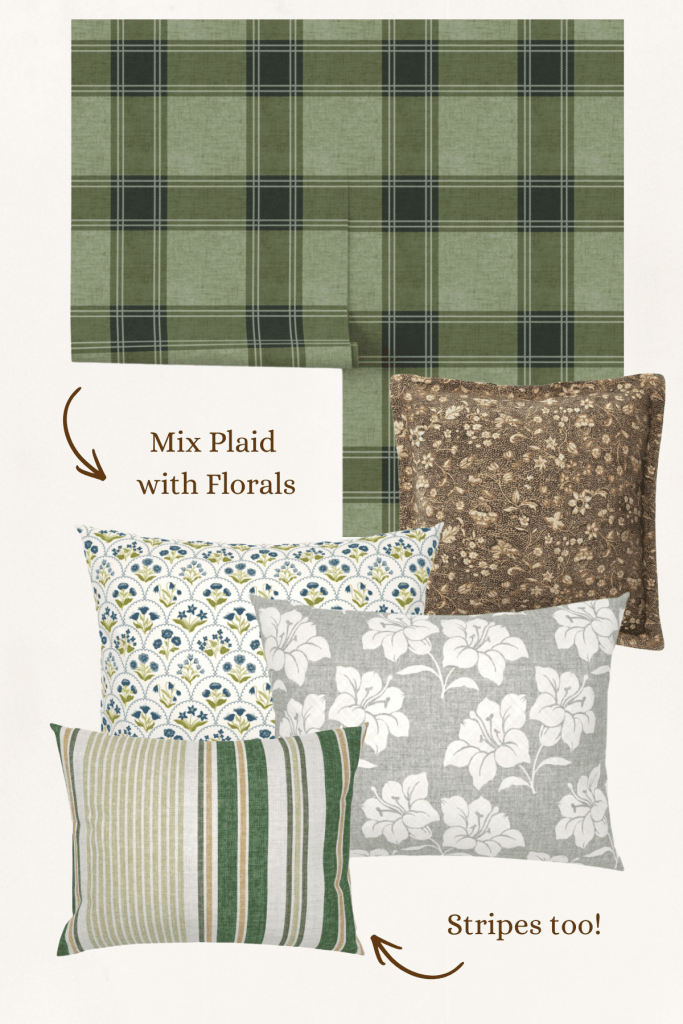 Green plaid fabric paired with floral and striped throw pillows, demonstrating pattern mixing for an English cottage look