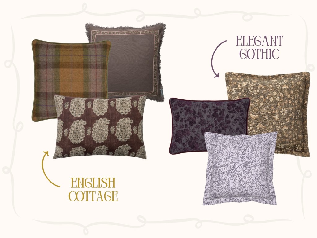 Fall pillow inspiration featuring English cottage and elegant gothic styles with plaid, floral, botanical, and vintage-inspired throw pillows in brown, plum, lilac, cream, and muted green.