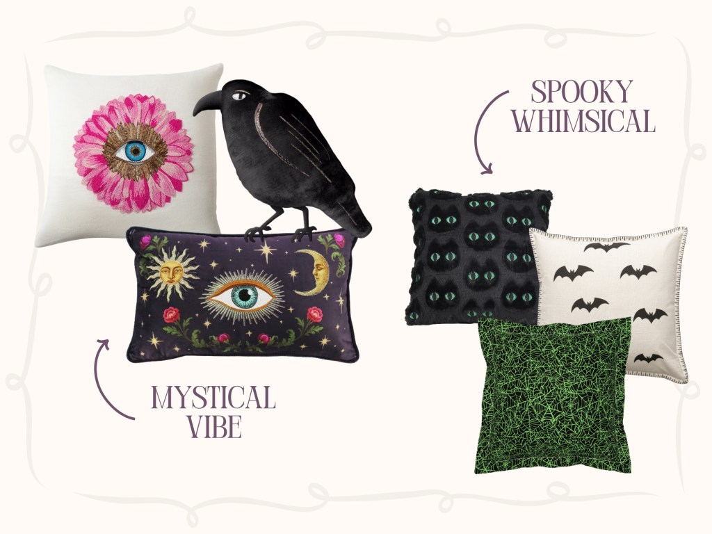 Fall Halloween pillow inspiration featuring mystical and spooky whimsical styles with celestial eyes, a black crow, bats, cat eyes, and dark botanical patterns.