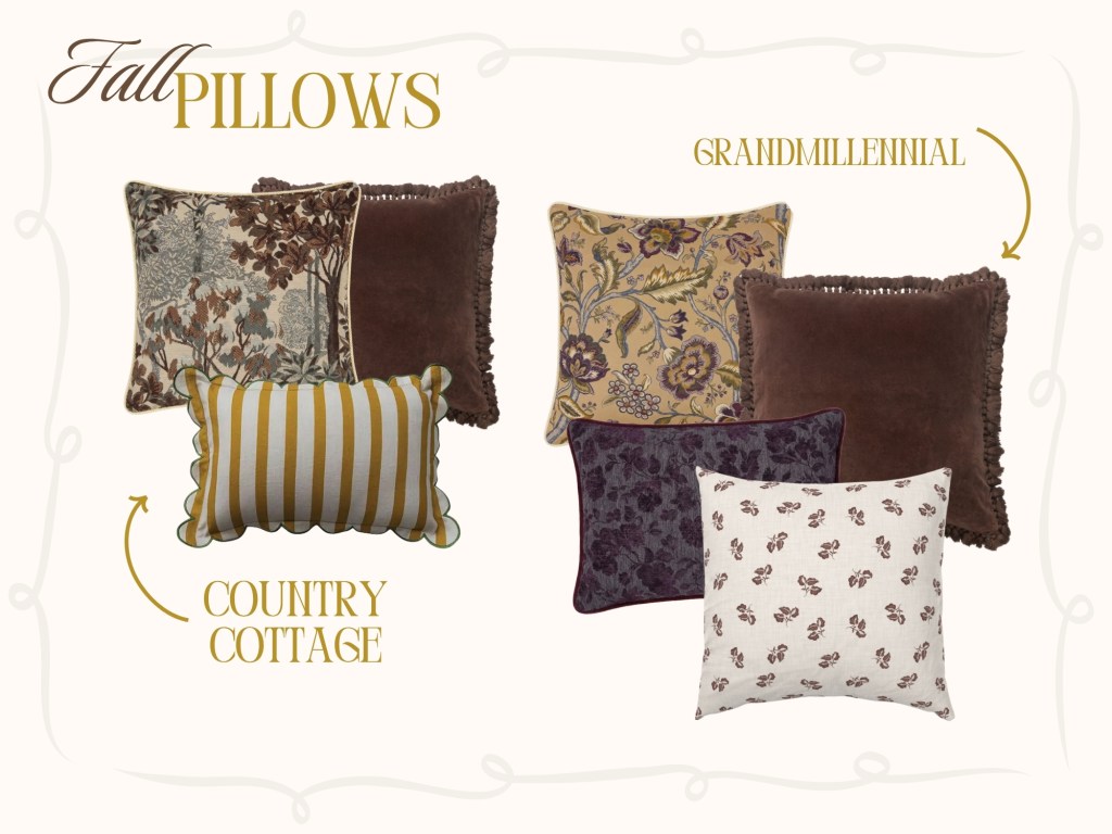 Fall pillow inspiration featuring country cottage and grandmillennial styles with floral, striped, and solid throw pillows in brown, gold, cream, and plum.